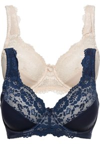 Zwei BHs in Creme und Marineblau. Beide haben florale Spitze, Unterdraht und verstellbare Träger. Der cremfarbene BH hat eine Schleifenakzent in der Mitte.