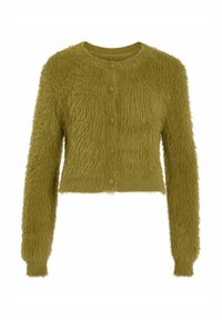 Häkeljacke in Olivgrün mit einer strukturierten, flauschigen Oberfläche, langen Ärmeln, rundem Ausschnitt und einer Frontknopfschließe.