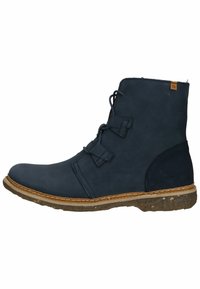 Navy blue leather ankle boot with a rounded toe, lace-up front, and two decorative straps; textured rubber sole with a contrasting light brown trim.