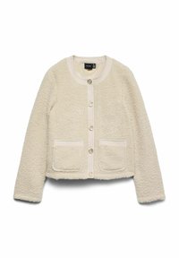 Beige texturovaná fleecová bunda s dlouhými rukávy, kulatým výstřihem, zapínáním na knoflíky vpředu a dvěma čtvercovými kapsami. Detaily doplňují knoflíky ve zlatém tónu.