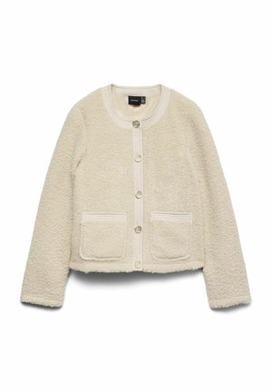 Beige textuur fleecejas met lange mouwen, ronde halslijn, sluiting met knopen aan de voorkant en twee vierkante zakken. Details met knoppen in goudkleur.