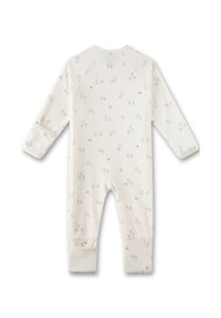 Weißer Baby-Body mit langen Ärmeln, ausgestattet mit einem floralen Muster in sanftem Rosa und Blau. Strukturierter Stoff mit umgeschlagenen Manschetten und Füßen.