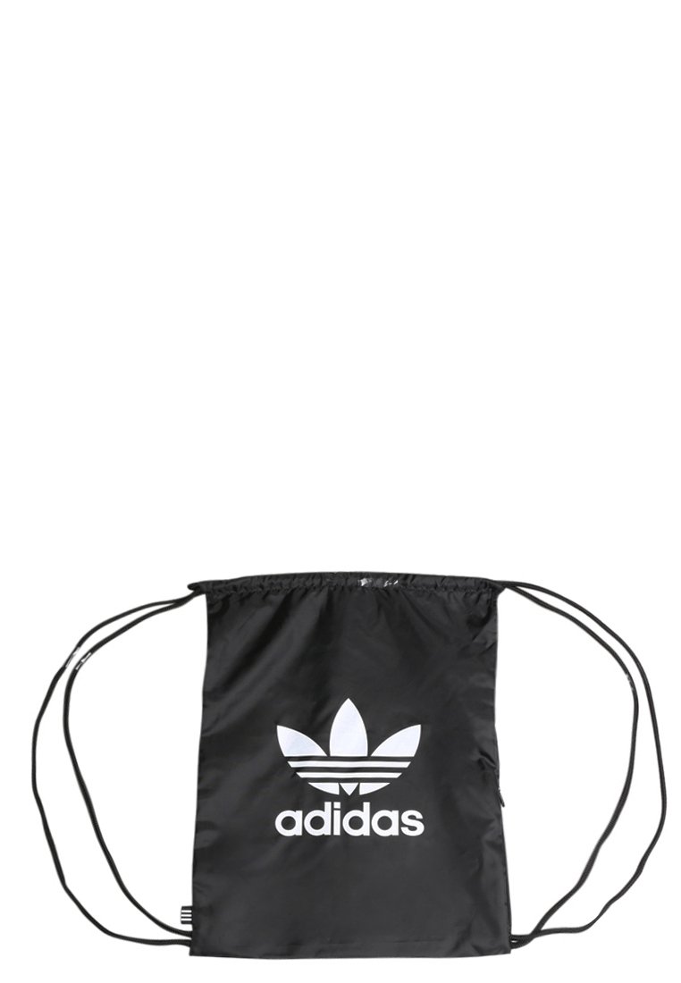 Black drawstring bag made of nylon, featuring a large white Adidas trefoil logo at the center and adjustable black cords for closure.