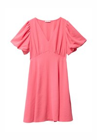 Robe rose à manches courtes avec un col en V, taille froncée et jupe fluide. Fabriquée en tissu texturé avec une tombée douce.
