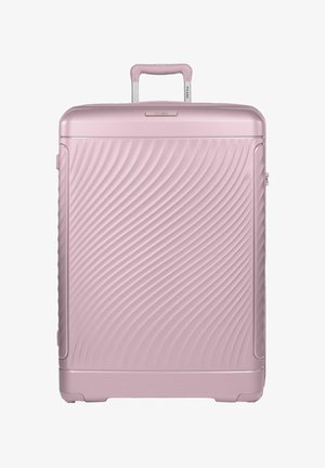 Hellrosa Hartschalenkoffer mit strukturiertem diagonalen Wellenmuster und oben ausgezogenem Teleskopgriff.