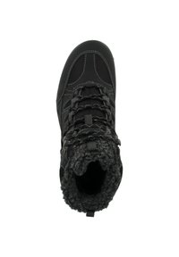 Schwarzer Wanderschuh mit einem strukturierten Stoff-Oberteil, dicken schwarzen Schnürsenkeln und einem flauschigen grauen Kragen. Verstärkte Ferse mit kontrastierenden Stitching-Details.