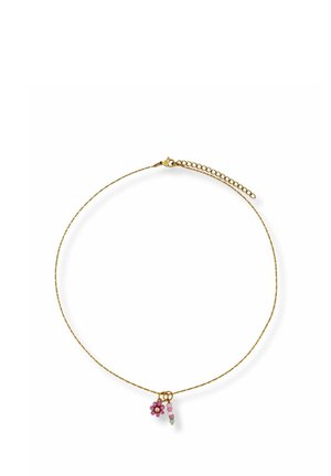 Gold chain necklace with small pink flower charm and a beaded pink and blue pendant on a white background.