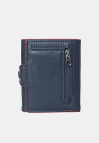 Navy blue leather wallet with red stitching, a front zipper pocket, and a button closure. Rectangular shape with a smooth texture.