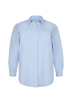 Lichtblauw overhemd met lange mouwen, een puntige kraag en een borstzak aan de linkerkant. Gemaakt van een gladde stof zonder zichtbare patronen.