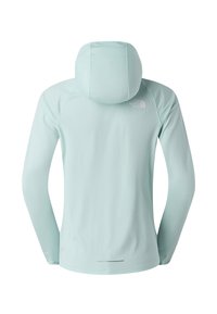 Vaalean turkoosi hupullinen takki, jossa on kuvioitu tekstuuri, pitkät hihat ja logo yläselässä. Sileä kangas, istuva muotoilu.