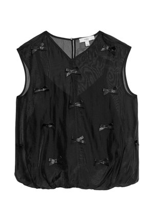Top senza maniche nero con scollatura a V, realizzato in tessuto lucido, decorato con piccoli fiocchi neri e orlo arricciato per aggiungere volume.