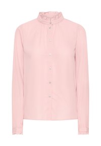 Light pink long-sleeve blouse with a ruffled high neck, front button closure, and gathered cuffs. Made from smooth fabric.