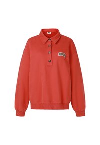 Sweat-shirt rouge avec col polo, trois boutons, poignets côtelés et écusson logo. Tissu doux et coupe ample.
