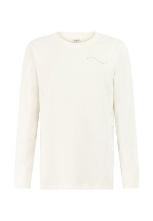 Witte longsleeve met ronde hals en een kleine gebogen "protest" tekstlogo op de bovenste linkerborst.