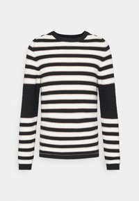 Pull à manches longues en rib d'une couleur noire, blanche et beige avec des rayures horizontales et un col rond sur un fond uni.