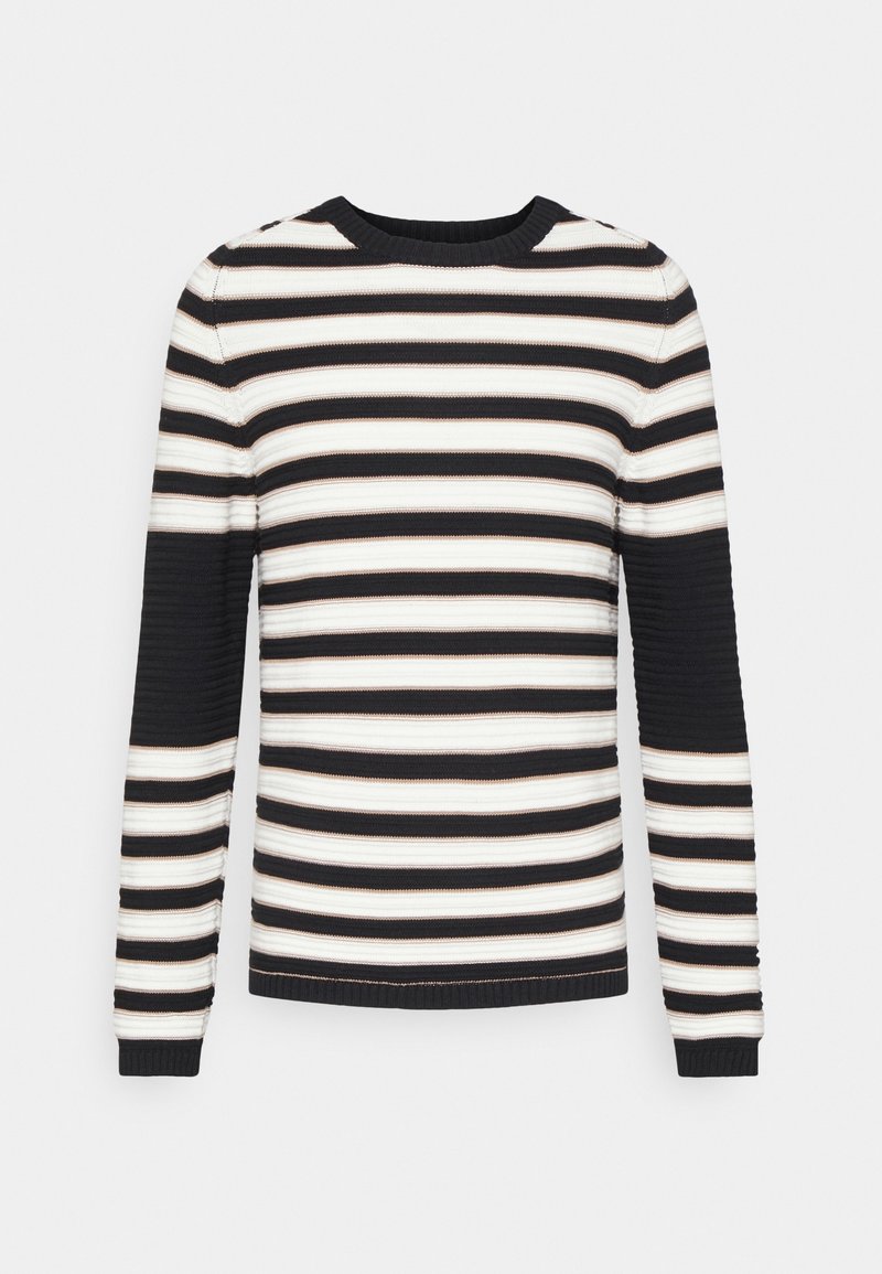 Pull à manches longues en rib d'une couleur noire, blanche et beige avec des rayures horizontales et un col rond sur un fond uni.
