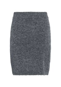 Gray wool pencil skirt with a soft, textured finish. Above-the-knee length, featuring an elastic waistband for comfort and a streamlined silhouette.