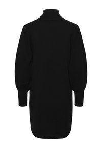 Robe tricotée noire avec un col haut, de longues manches bouffantes et une coupe droite. Présente des poignets côtelés et une texture lisse.