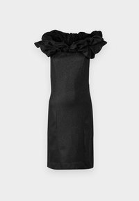 Μαύρο φόρεμα με στενή σιλουέτα, που διαθέτει μια υφή με υπερμεγέθη ρυάκι γύρω από το λαιμό και διακριτική μεταλλική λάμψη σε όλο το ύφασμα.