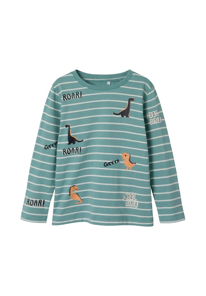 Langsleeve, teal en wit gestreepte kinderhemd met speelse dinosaurustranscripties en teksten zoals "ROAR!" en "COOL DINO."