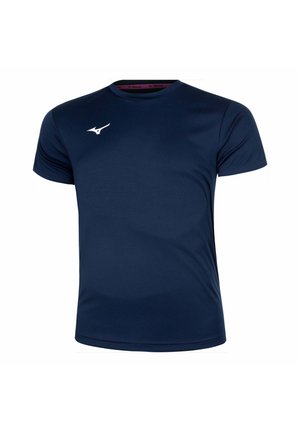 T-shirt de sport bleu marine à manches courtes avec un logo blanc Mizuno sur la poitrine, côté gauche.