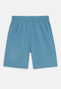 Calções azul claro com cintura elástica, feitos de tecido suave. Apresentam um corte reto e sem bolsos. Design simples e funcional.