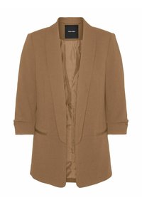 Brązowa marynarka z kołnierzem szalowym, otwartym przodem i krótkimi rękawami. Posiada dwie przednie kieszenie oraz gładką, jedwabistą podszewkę.