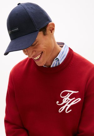 Ung mand smilende, iført en navy baseballkasket og rød trøje med hvide "TH" initialer over en blåstribet skjorte med krave.