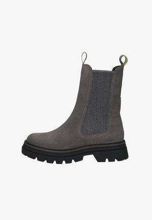 Graue Wildleder-Stiefelette mit elastischen Seitenpaneelen, einer Gummisohle und Ziehschlaufen. Verfügt über ein strukturiertes Muster und ein klobiges Sohlendesign.