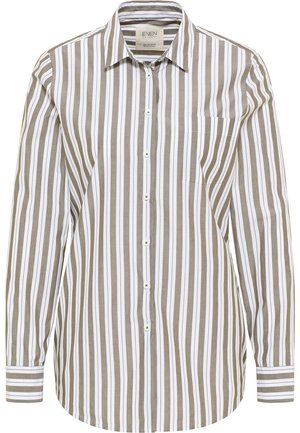 Overhemd met lange mouwen en knopen, met verticale beige en witte strepen, klassieke kraag, borstzak en gestreepte manchetten.