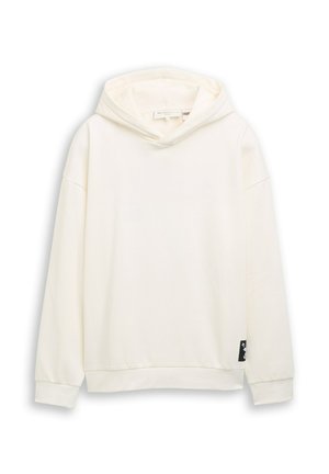 Off-white Baumwoll-Hoodie mit langen Ärmeln, gerippten Bündchen und Saum sowie einem kleinen schwarz-weißen Logo-Patch nahe dem unteren Rand.