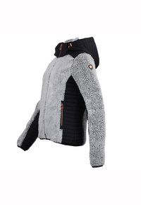 Fleecegefütterte Jacke mit einer grauen, flauschigen Vorderseite und schwarzen, gesteppten Seiten. Hat eine Kapuze, Reißverschlusstaschen und bronzefarbene Hardware-Akzentuierungen.