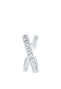 Anello in argento con un design intrecciato, decorato con piccoli cristalli trasparenti lungo il bordo esterno, caratterizzato da una superficie liscia e lucida.