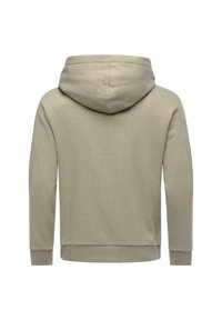 Felpa verde oliva con un tessuto morbido e strutturato, un cappuccio con cordino e polsini e orlo a coste, caratterizzata da un design semplice e minimalista.