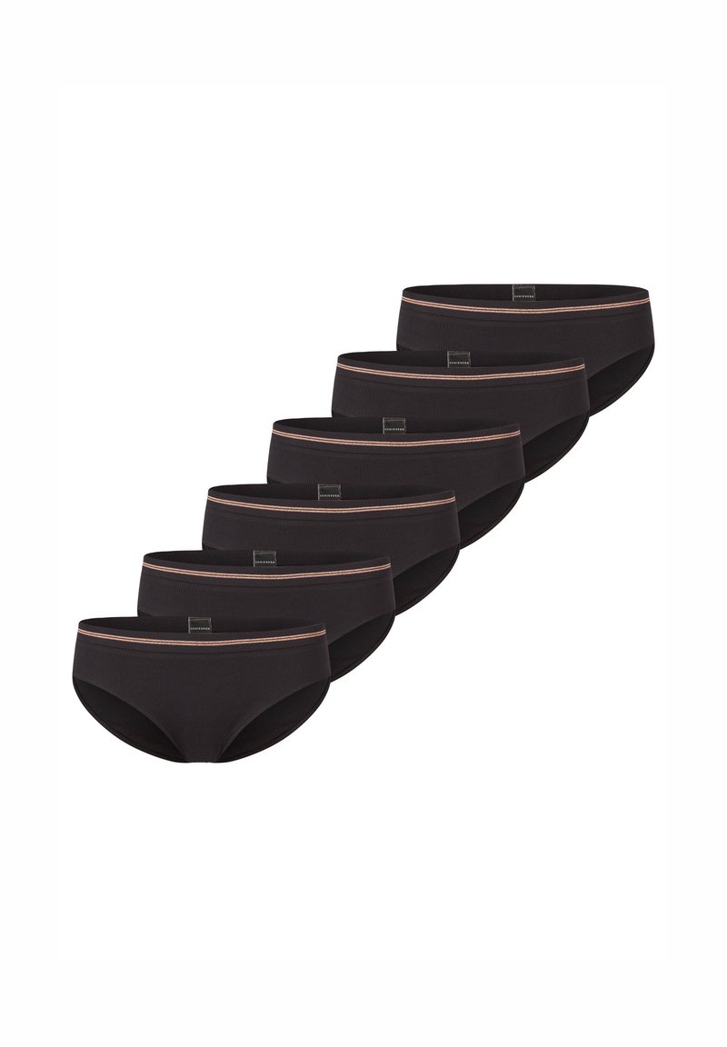 Zwarte katoenen slips met een contrasterende elastische tailleband. Verpakking van zes stuks, met een gladde textuur en klassieke snit.