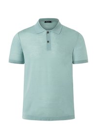 Ljust blå kortärmad polo skjorta i mjukt stickat tyg, med en knappslå och ribbad mudd för en avslappnad passform.