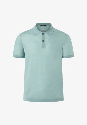 Hellblaues kurzärmliges Poloshirt aus weichem Strickstoff mit einer Knopfleiste und gerippten Bündchen für eine entspannte Passform.