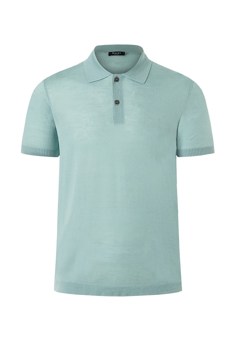 Ljust blå kortärmad polo skjorta i mjukt stickat tyg, med en knappslå och ribbad mudd för en avslappnad passform.