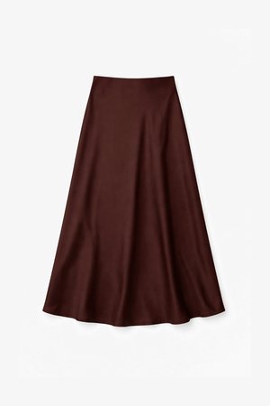 Jupe trapèze marron foncé taille haute avec une texture fluide et lisse, posée à plat sur un fond blanc.