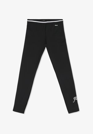 Czarne legginsy sportowe marki Fila z podwójnym białym paskiem na talii oraz białymi logo Fila na biodrze i dolnej części nogawki.
