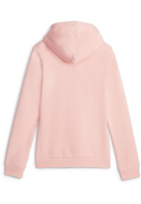 Sudadera con capucha rosa, tejido suave, mangas largas, puños y dobladillo acanalados, textura lisa, sin patrones ni elementos metálicos visibles.