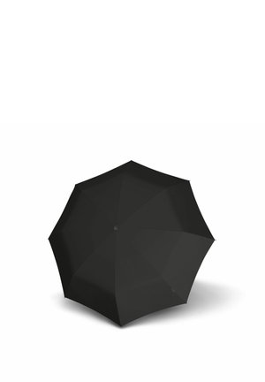 Black open umbrella viewed from above on a white background, showing its eight-panel canopy and central button.