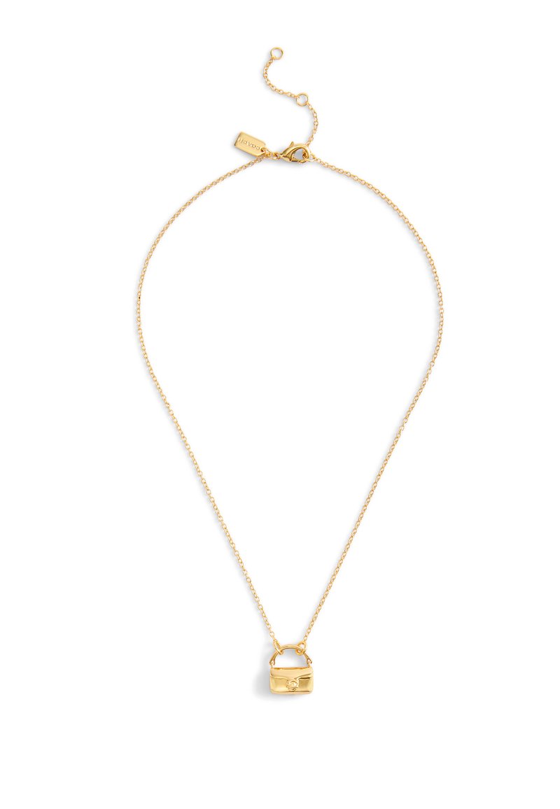Guldhalskæde med en lille håndtaskependants. Kæden er delikat med en simpel lobsterlås og en justerbar forlængelse.