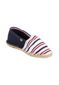 Espadrille en toile avec une tige bleu marine, un design à rayures blanches et rouges, et une semelle en jute tressé. Étiquette latérale visible près du talon.