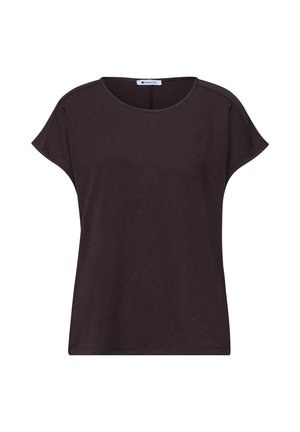 Blusa de mujer marrón oscura de manga corta con escote redondo y ajuste relajado.