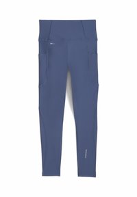 Marina blå träningsleggings tillverkade av stretchigt tyg, med sidfickor, hög midja och en diskret logotyp framtill.