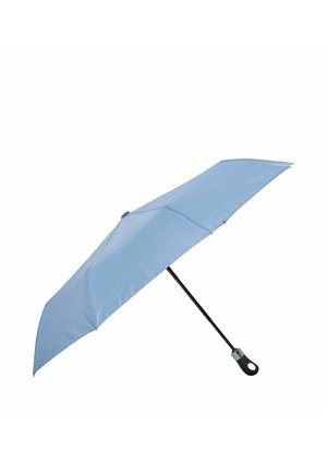 Jasnoniebieski, kompaktowy parasol z czarnym trzonkiem i pętlą w uchwycie, w pełni otwarty na białym tle.