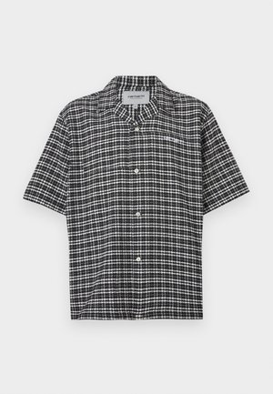 Πουκάμισο με κοντά μανίκια σε ασπρόμαυρο καρό, με κουμπιά και γιακά, και μικρό λευκό λογότυπο "Carhartt" στο στήθος.