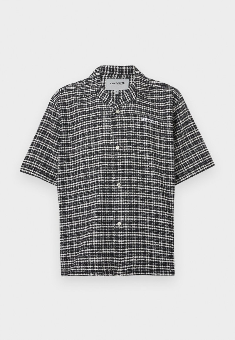Camicia a maniche corte con bottoni, motivo a scacchi bianco e nero, con colletto e piccolo logo bianco "Carhartt" sul petto.