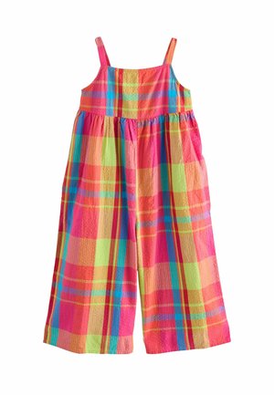 Kleurrijke, lichte jumpsuit met een ruitenpatroon in roze, groen en blauw. Heeft dunne bandjes en een losse, vloeiende snit.